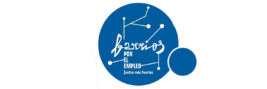 Un logotipo que presenta un círculo azul con líneas y puntos interconectados, que contiene el texto "barrios por el empleo, Juntos más fuertes", que resume el espíritu de la feria de empleo 2019.