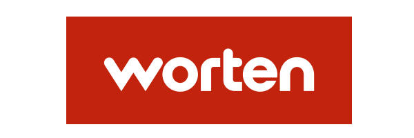 Logotipo con la palabra "worten" en letras minúsculas blancas sobre fondo rectangular rojo, destacando su presencia en feria de empleo 2019.