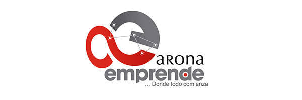 Logotipo de Arona Emprende con el texto "Donde todo comienza" y un diseño abstracto que combina elementos rojos y grises formando un patrón circular, destacado en la Feria de Empleo 2019.