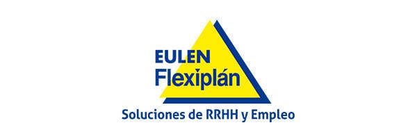 Un triángulo amarillo con el texto "EULEN Flexiplán" en azul y debajo "Soluciones de RRHH y Empleo" también en azul. Destacado en la Feria de Empleo 2019.