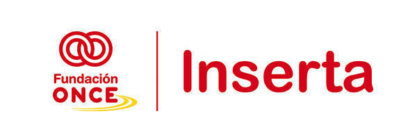 Logotipo de Fundación ONCE junto a la palabra "Inserta" en texto rojo, destacando materiales de la Feria de Empleo 2019.