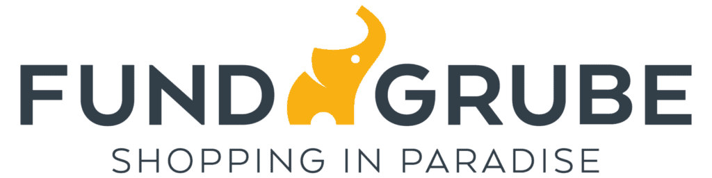 El logotipo de Fund Grube, que presenta un ícono de elefante amarillo encima del texto "Fund Grube" y el lema "Compras en el paraíso", refleja el compromiso de Gehocan de ofrecer una experiencia de compra excepcional.