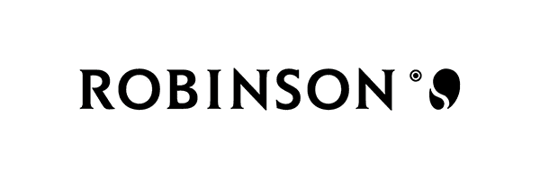 Texto negro que dice "ROBINSON" junto a un símbolo circular con un círculo más pequeño y una línea curva en su interior, todo sobre un fondo blanco, que recuerda a la marca vista en el Encuentro anual de RRHH 2018.