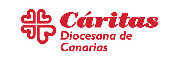 Logotipo de Cáritas Diocesana de Canarias, con una cruz de corazón estilizada de color rojo a la izquierda y el nombre de la organización en texto rojo a la derecha, diseñado para el Encuentro Anual de RRHH 2018.