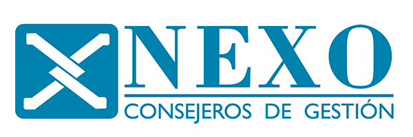 Logotipo de NEXO con texto azul y un símbolo X. El texto dice "NEXO" y "Consejeros de Gestión" debajo, destacado en el Encuentro anual de RRHH 2018.