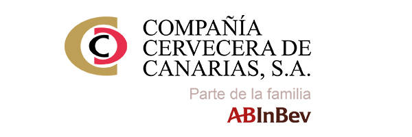 Logotipo de Compañía Cervecera de Canarias, S.A. con texto y emblema "C" estilizada. Debajo del texto principal, dice "Parte de la familia ABInBev". Destacando su implicación, también se menciona de forma destacada el Encuentro anual de RRHH 2018.