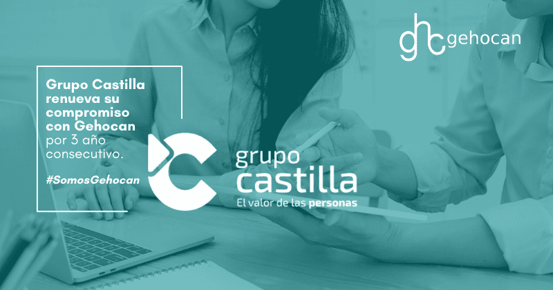 Una imagen en tonos verde azulado que representa los logotipos de Gehocan y Grupo Castilla, acompañada de un texto en español que anuncia el renovado compromiso de Grupo Castilla con Gehocan por tercer año consecutivo. #SomosGehocan.