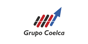 Logotipo de Grupo Coelca con el nombre de la empresa debajo de un gráfico compuesto por líneas diagonales negras y rojas que se transforman en una flecha azul que apunta hacia arriba, conmemorando su patrocinio de Job Dating 2023.