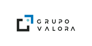 Logotipo de Grupo Valora con un diseño geométrico negro y azul a la izquierda y el nombre de la empresa en letras mayúsculas negras a la derecha, destacado para Job Dating 2023.