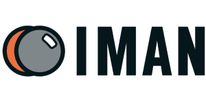 Un logotipo que presenta la palabra "IMAN" con un elemento de diseño de un círculo gris intersectado por una forma de media luna naranja en el lado izquierdo.