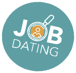 Logotipo circular para "Job Dating" con la letra "O" representada como una lupa sobre una figura simplificada, capturando la esencia de Job Dating. El fondo es verde azulado.