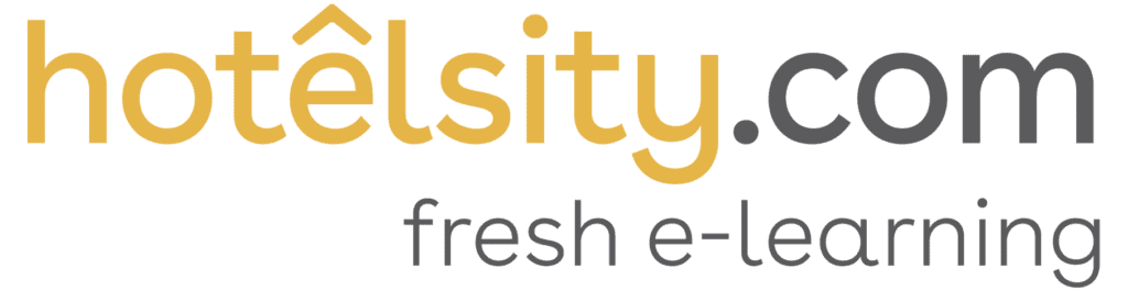 Logotipo para Hotelsity.com con texto en amarillo y gris, con el lema "fresh e-learning" debajo, dirigido al sector hostelero.