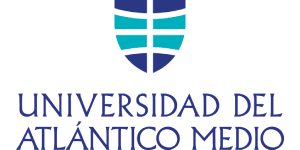 Logotipo de la Universidad del Atlántico Medio con escudo azul y turquesa y el nombre de la universidad escrito debajo.