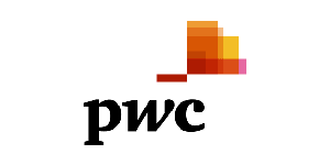 Logotipo de Pwc con letras minúsculas "pwc" y un diseño abstracto de cuadrados superpuestos en tonos naranja y rojo.