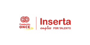 Logotipo de Fundación ONCE Inserta, formado por dos anillos entrelazados de color rojo y líneas curvas de color amarillo a la izquierda, y el texto "Inserta empleo POR TALENTO" en rojo y naranja a la derecha.