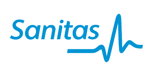 Logotipo de Sanitas que presenta el nombre de la empresa en texto azul con una línea estilizada de latido azul que se extiende hacia la derecha. El fondo es azul oscuro.