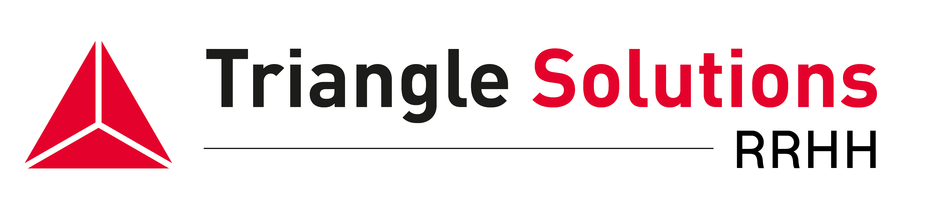 Logotipo de "Triangle Solutions RRHH" que presenta un diseño de triángulo rojo a la izquierda y el nombre de la empresa en texto negro y rojo a la derecha.