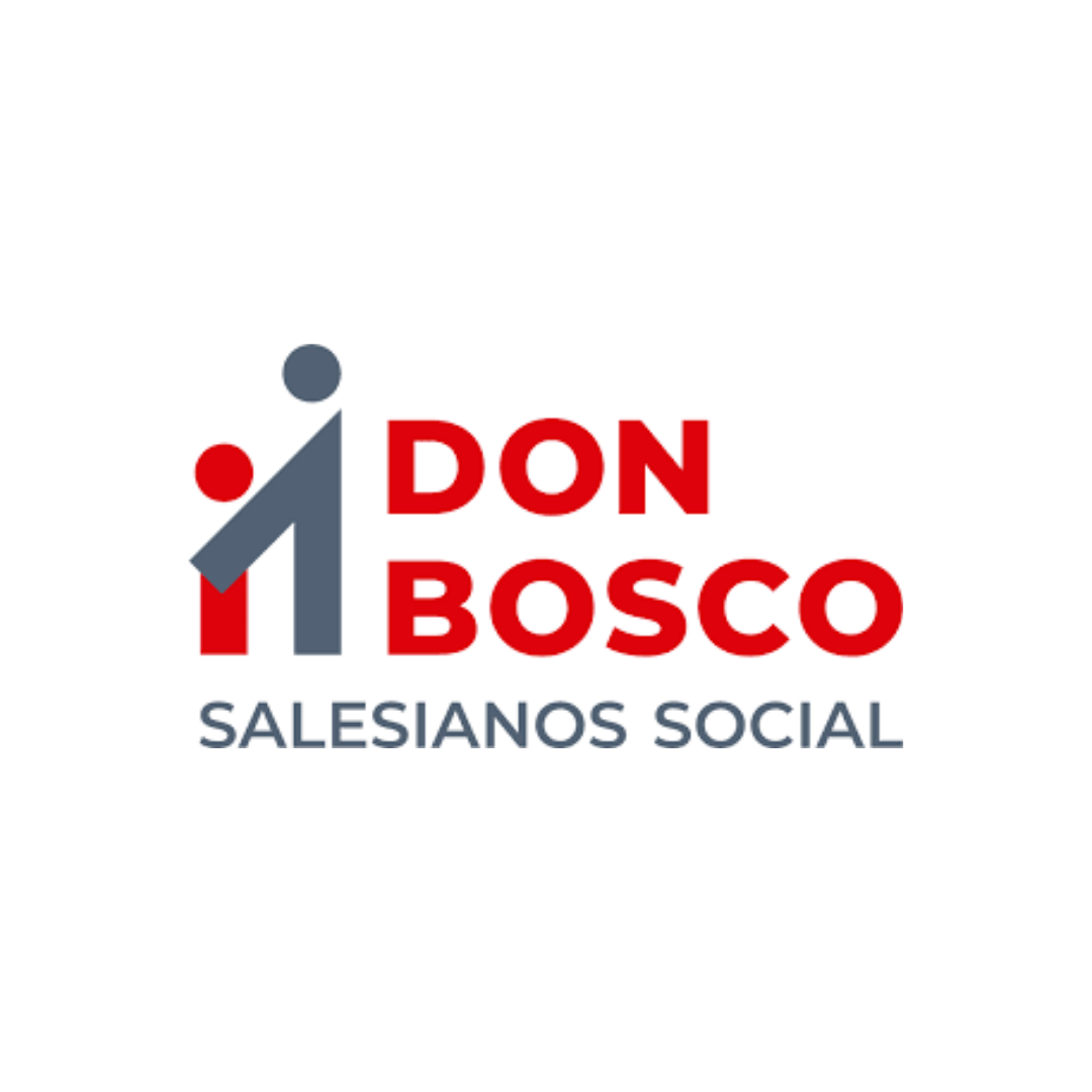 Logotipo de Don Bosco Salesianos Social, que presenta figuras estilizadas de un adulto y un niño en gris y rojo, con el nombre de la organización en texto rojo y gris.