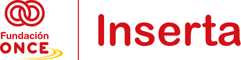 Logotipo de Fundación ONCE Inserta. El diseño incluye Fundación ONCE a la izquierda con formas circulares entrelazadas en rojo y una línea curva amarilla, e Inserta en texto rojo negrita a la derecha.