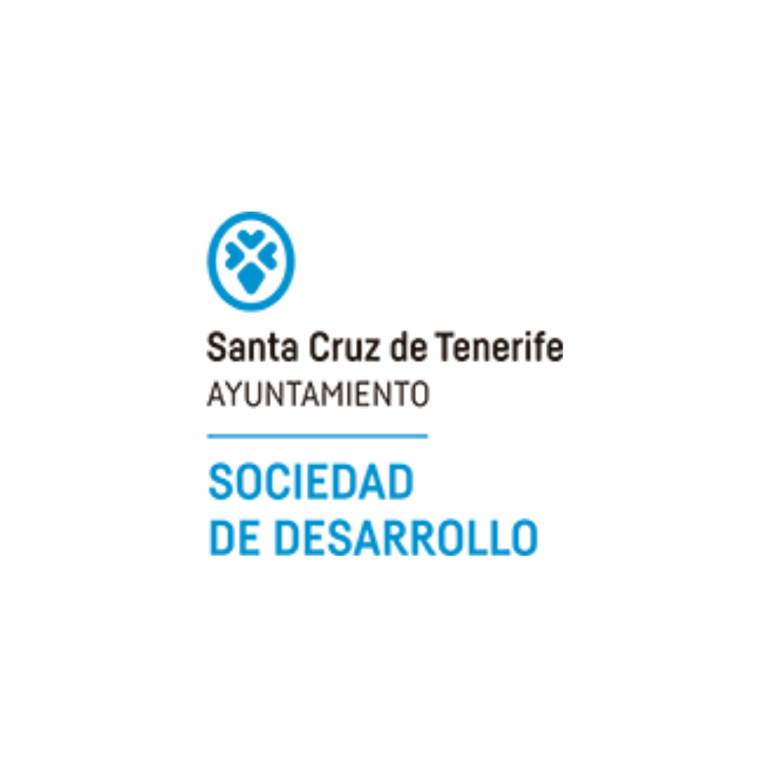 Logotipo del Ayuntamiento de Santa Cruz de Tenerife Sociedad de Desarrollo, que presenta un emblema circular azul con un diseño abstracto blanco y texto en negro y azul.