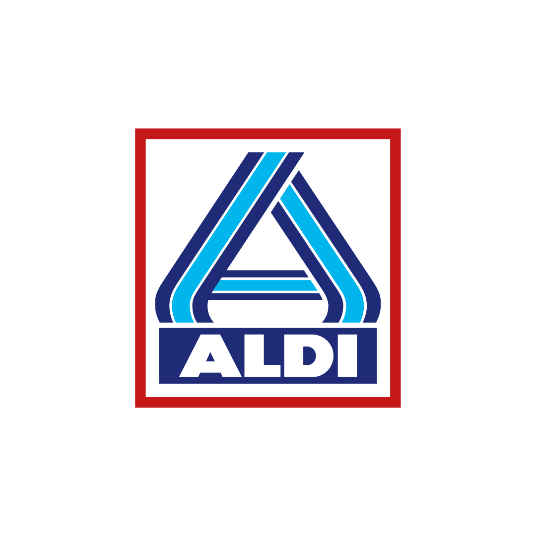 Un logotipo que presenta líneas estilizadas en azul y celeste que forman un triángulo con la palabra "ALDI" en blanco sobre un fondo azul debajo, todo encerrado en un marco cuadrado rojo.