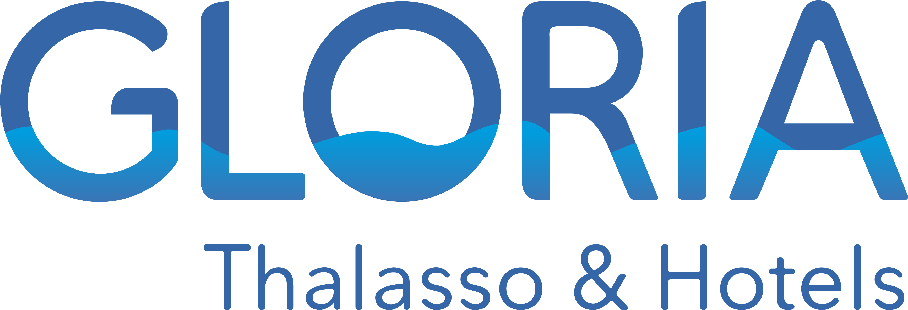 El logotipo de Gloria Thalasso & Hotels presenta la palabra "GLORIA" con ondas azules incorporadas en las letras y "Thalasso & Hotels" escrito debajo en fuente azul.