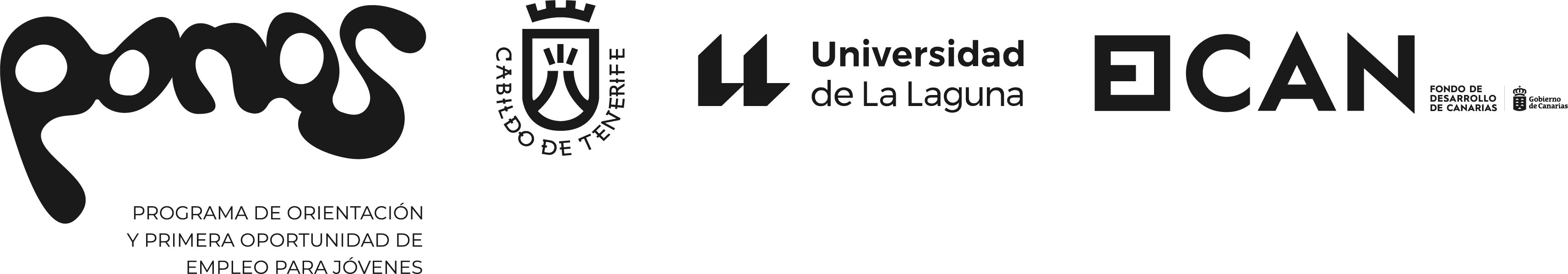 Logotipos del Cabildo de Tenerife, Universidad de La Laguna, Fondo de Desarrollo de Canarias y Programa de Orientación y Primera Oportunidad de Empleo para Jóvenes.