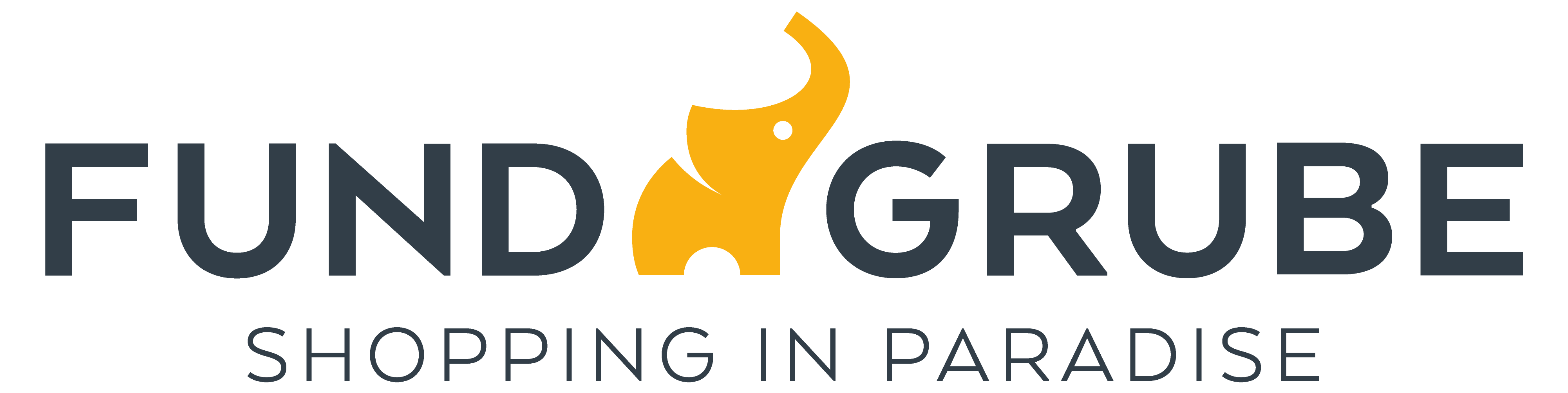 Logotipo que presenta el texto "FUND GRUBE" con una silueta de elefante estilizada de color amarillo entre las palabras. Debajo, el lema dice "Compras en el paraíso".