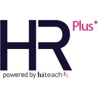 Logotipo de HR Plus+ impulsado por HITEACH. El texto "HR" está en negrita, "Plus+" en rosa y "powered by hiteach" en texto negro más pequeño.