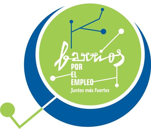 Un logotipo circular con líneas abstractas y puntos con el texto "Barrios por el Empleo Juntos más Fuertes" en el centro. El diseño utiliza colores azul, verde y blanco.