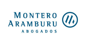 Logotipo para Montero Aramburu Abogados, despacho de abogados. El texto está en fuente azul sobre fondo blanco, acompañado de un símbolo circular con líneas diagonales y forma de diamante.