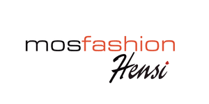 La imagen muestra un logotipo con el texto "mosfashion Hensi", donde "mosfashion" está en negro y naranja, y "Hensi" está escrito en una escritura negra estilizada, integrando un toque de estilo Job Dating 2023.