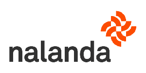 La imagen muestra el texto "nalanda" junto a un logotipo geométrico naranja que consta de cuatro formas curvas entrelazadas.