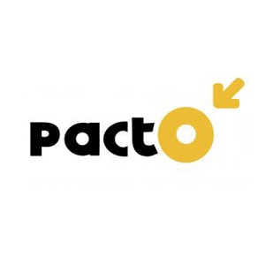 Logotipo con el texto "pacto" en color negro, con la letra "o" en amarillo y una flecha hacia la izquierda incorporada, representando a empresas asociadas a GEHOCAN.