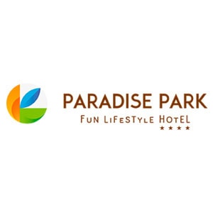 Logotipo de Paradise Park Fun Lifestyle Hotel con diseño de hojas coloridas, tres estrellas y reconocimiento como una de las empresas asociadas a GEHOCAN.