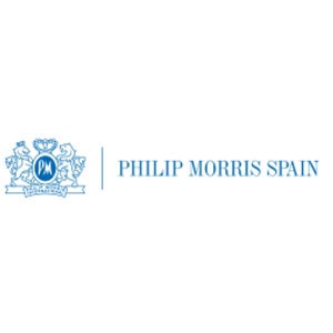 Logotipo de Philip Morris España que muestra un emblema azul con las iniciales "PM" en un escudo y el nombre de la empresa en texto azul a la derecha.