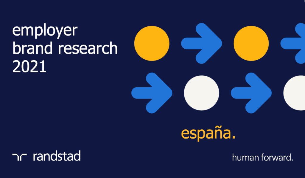 La portada de Randstad Employer Brand Research 2021 presenta círculos y flechas de colores sobre un fondo azul oscuro, con el texto "españa". El diseño destaca temas como teletrabajar y conciliar en la era pospandemia, junto con el logotipo de Randstad y el eslogan "human forward".