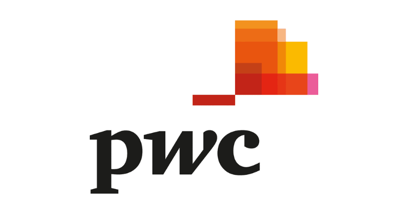 Logotipo de PwC, que representa a Pricewaterhouse Coopers, que presenta las letras "pwc" en texto negro con un diseño cuadrado pixelado en tonos de naranja, rojo y rosa arriba.