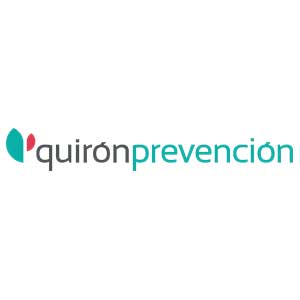 Logotipo de Quirón Prevención con icono de hoja estilizada a la izquierda y el nombre de la empresa escrito en letras minúsculas en color negro y verde azulado.