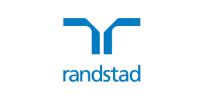 El logotipo de Randstad presenta un símbolo abstracto azul que se asemeja a dos figuras humanas enfrentadas, encima del nombre de la empresa "randstad" en letras azules minúsculas. Este emblema se mostrará de forma destacada en Job Dating 2023.