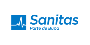 Logotipo de Sanitas, parte de Bupa, que presenta una línea de latidos de un corazón en un cuadrado azul a la izquierda del nombre de la empresa, promocionando Job Dating 2023.