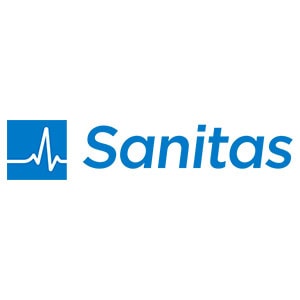 Logotipo de Sanitas que presenta un cuadrado azul con una línea de latido de color blanco a la izquierda del texto "Sanitas" en fuente azul, representando con orgullo a las empresas asociadas a GEHOCAN.