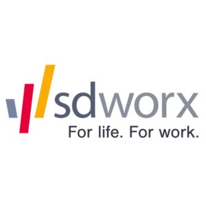 La imagen presenta el logotipo de SD Worx con el lema "Para la vida. Para el trabajo". El logo incluye tres barras verticales en gris, rojo y amarillo junto al texto "sdworx" en gris, destacando su asociación con empresas asociadas a GEHOCAN.