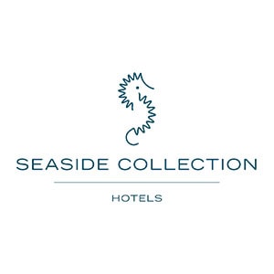 Logotipo de Seaside Collection Hotels que presenta un estilizado caballito de mar verde azulado sobre el nombre de la empresa escrito en una fuente limpia y moderna, orgullosamente entre las empresas asociadas a GEHOCAN.