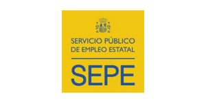 Logotipo del SEPE: Cuadrado amarillo con texto "Servicio Público de Empleo Estatal" y siglas del SEPE en mayúsculas azules. Escudo real en la parte superior, que respalda con orgullo Job Dating 2023.