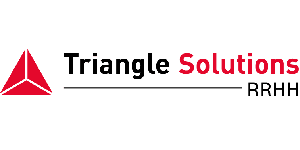 Logotipo de Triangle Solutions RRHH con un triángulo rojo a la izquierda y el nombre de la empresa en texto negro y rojo a la derecha.