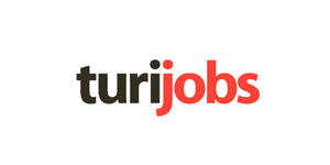 Un logotipo con el texto "turijobs" en letras negras y rojas sobre fondo blanco, promocionando Job Dating 2023.